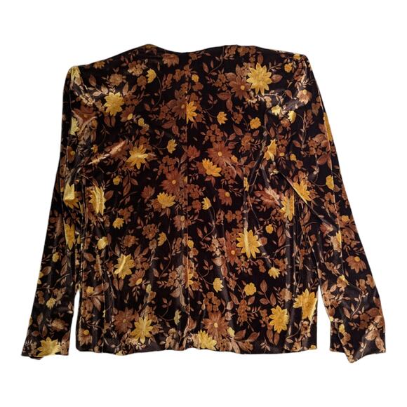 Vtg 1980s Brown Gold Floral Print Velvet Button Up Collarless Blazer Jacket L - Picture 2 of 4